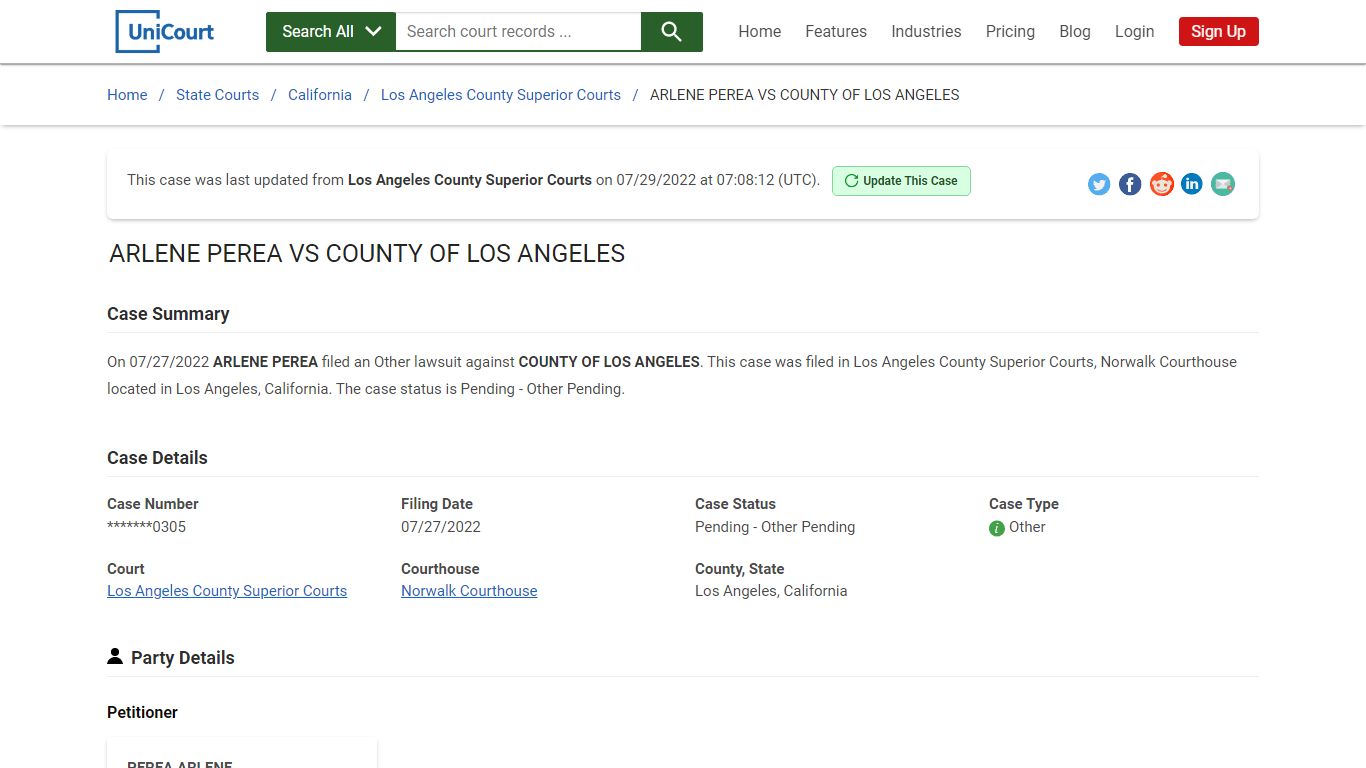 ARLENE PEREA VS COUNTY OF LOS ANGELES | Court Records - UniCourt